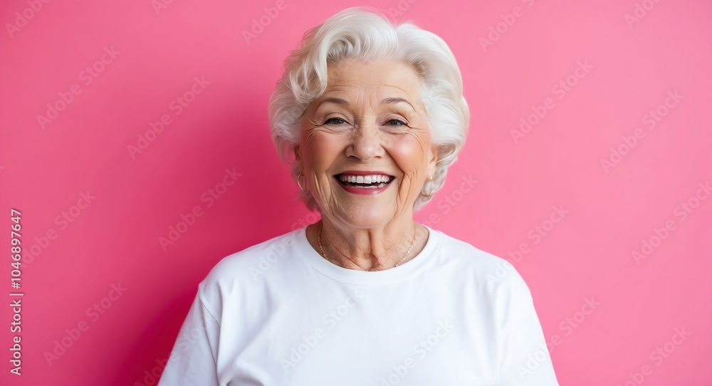blonde elderly woman pink background wearing plain white tshirt smiling happy portrait blonde elderly woman pink background wearing plain white tshirt smiling happy portrait