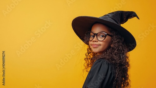 Young Girl Dressed as a Witch with Curly Hair and Glasses