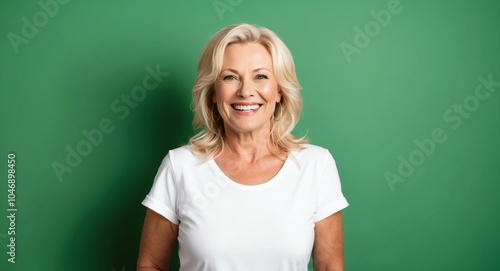 blonde mature woman green background wearing plain white tshirt smiling happy portrait