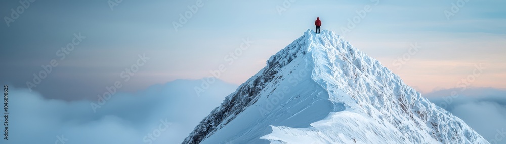 A lone climber stands atop a snow-capped mountain peak under a clear blue sky, surrounded by clouds. A lone climber stands atop a snow-capped mountain peak under a clear blue sky, surrounded by clouds.