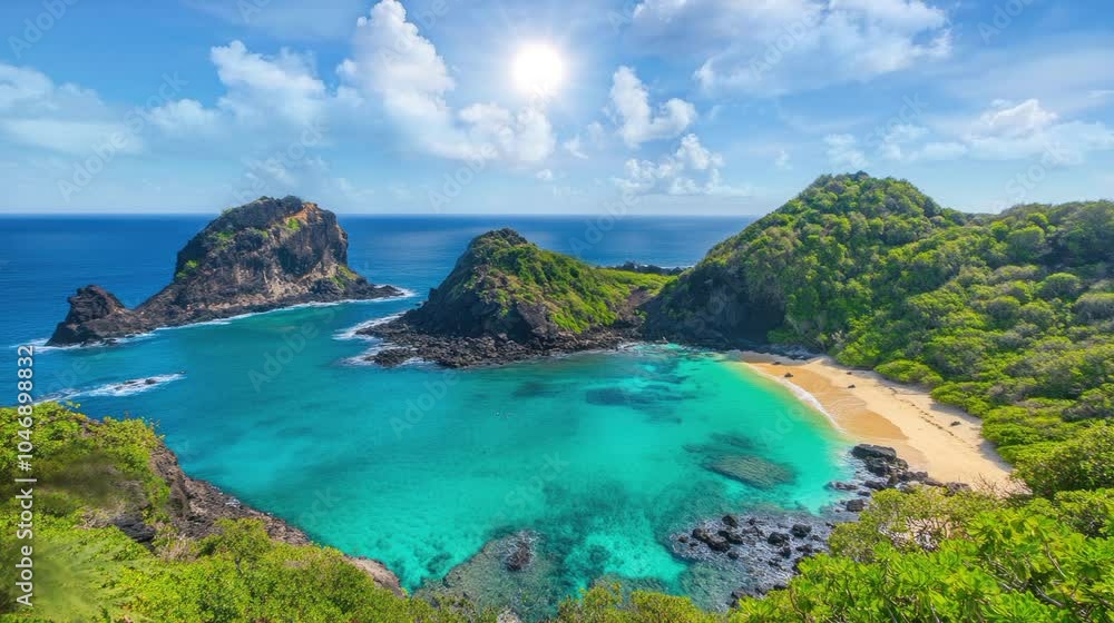A beautiful, sunny beach scene with turquoise water, rocky coast, and lush green hills. A sandy beach is visible. A beautiful, sunny beach scene with turquoise water, rocky coast, and lush green hills. A sandy beach is visible.