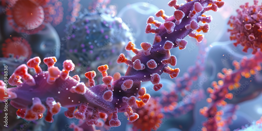 Fototapeta premium An up-close look at a virus, revealing its protein coat and genetic material, showcasing its parasitic nature and dependence on host cells for replication.