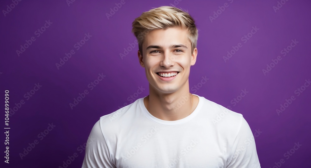 Obraz premium blonde young man purple background wearing plain white tshirt smiling happy portrait