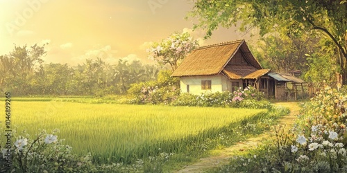 A thatched cottage in a field of rice.