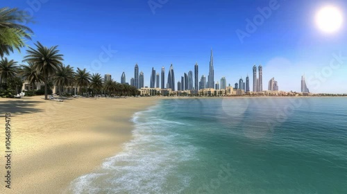 A sunny beach with palm trees, leading to a city skyline with tall buildings, and a calm ocean.