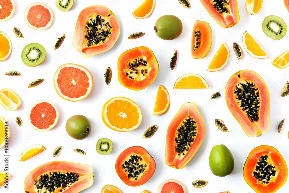 A flat lay pattern of papaya, orange, grapefruit and kiwi fruit slices on a white background. A flat lay pattern of papaya, orange, grapefruit and kiwi fruit slices on a white background.