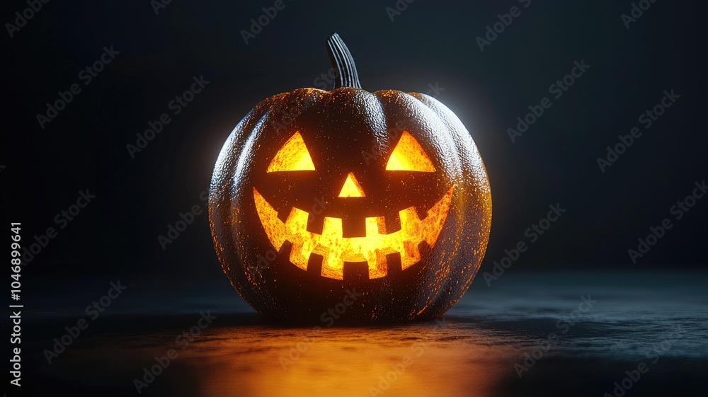 Illuminated Jack-O-Lantern with a Grinning Face on a Dark Background Illuminated Jack-O-Lantern with a Grinning Face on a Dark Background
