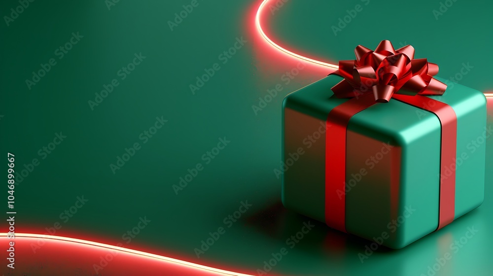 3D Colorful Gift Box with Red Bow and Neon Lights. Christmas Theme. 3D Colorful Gift Box with Red Bow and Neon Lights. Christmas Theme.