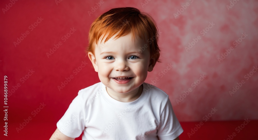 Naklejka premium redhead toddler boy red background wearing plain white tshirt smiling happy portrait