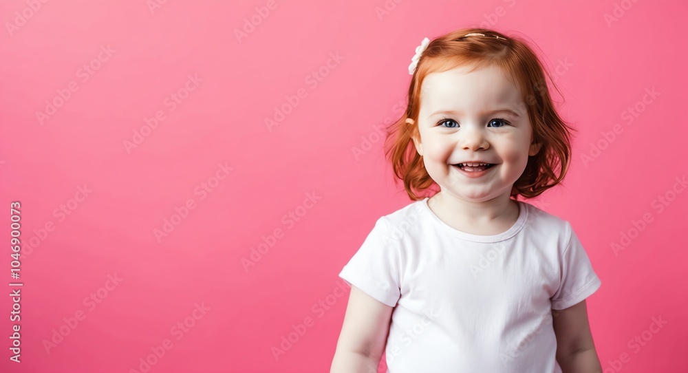 redhead toddler girl pink background wearing plain white tshirt smiling happy portrait redhead toddler girl pink background wearing plain white tshirt smiling happy portrait