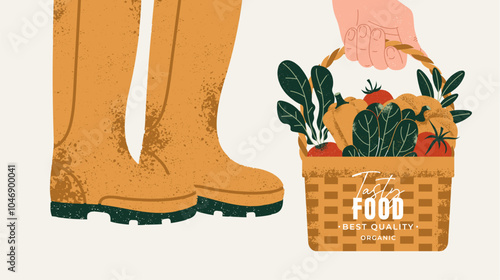 Gardener legs in rubber boots. A person holding a basket of freshly harvested vegetables. Vector illustration