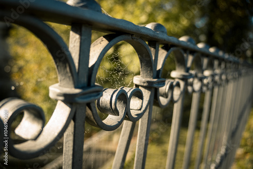 Close-Up of Hand-Forged Iron Railing with Dew-Covered Cobweb