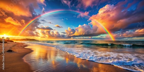 A stunning rainbow-colored sunset over the ocean creates a breathtaking visual effect on a sandy beach with waves gently lapping at the shore, wave action, golden hour, ocean