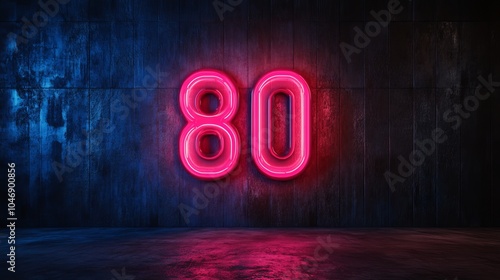 Number 80, Vibrant Neon Sign Glowing on a Dark Grunge Wall, 3D Rendered Illustration. photo