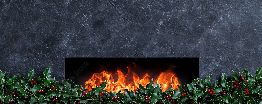 Obraz premium Cozy indoor Yule log fire framed by lush garlands of mistletoe, creating warm and festive atmosphere perfect for holiday season