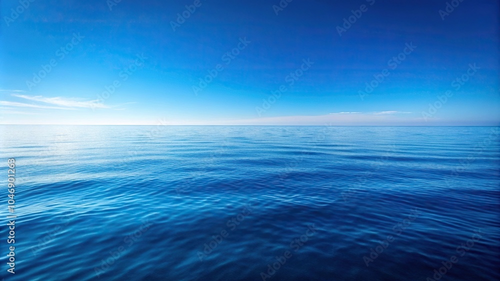 A vast expanse of calm ocean waters reflecting a clear blue sky with only a few wispy clouds scattered across the horizon, ocean views, natural beauty, calm water, peaceful atmosphere A vast expanse of calm ocean waters reflecting a clear blue sky with only a few wispy clouds scattered across the horizon, ocean views, natural beauty, calm water, peaceful atmosphere
