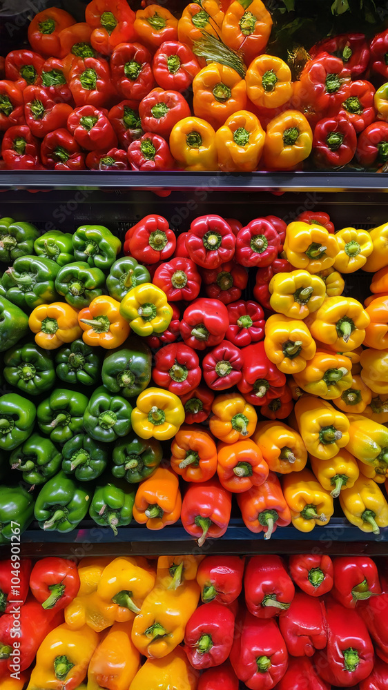 Arranged display of bell peppers in various colors red, yellow, green, orange Arranged display of bell peppers in various colors red, yellow, green, orange