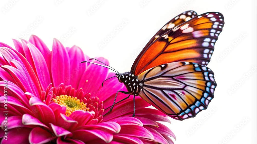 A vibrant and colorful butterfly perched on a bright pink flower petal against a white background, butterfly, still life, delicate details A vibrant and colorful butterfly perched on a bright pink flower petal against a white background, butterfly, still life, delicate details