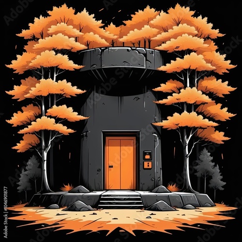 A large, gray bunker stands in a forest, with orange trees on either side and a large orange door photo