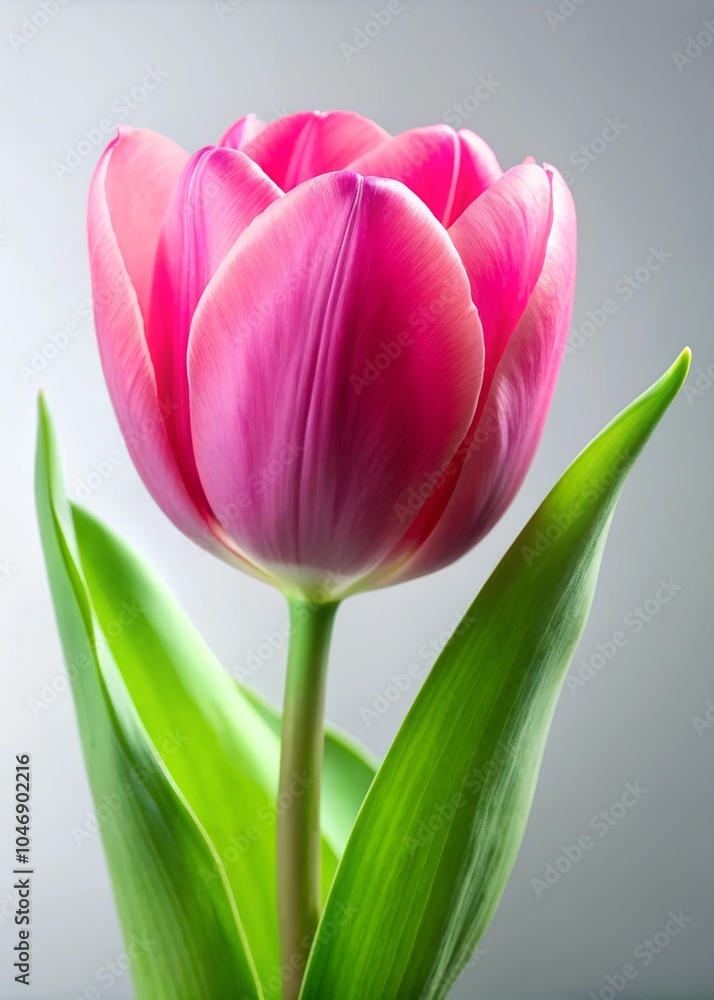 Fototapeta premium Bright Pink Tulip Flower in Bloom with Green Leaves and Stem Against Simple Light Background. Spring, Nature, and Botanical Themes, Close-Up Floral Image