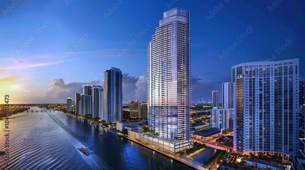 Obraz premium Modern Skyscraper Building with Green Landscaping and Blue Sky