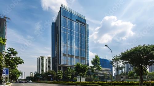 Modern Skyscraper Building with Green Landscaping and Blue Sky