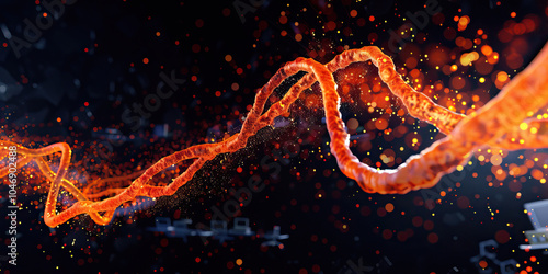 Magnifying the microscopic world of DNA, featuring a brilliant orange strand dancing against a black void, devoid of desks or technology.