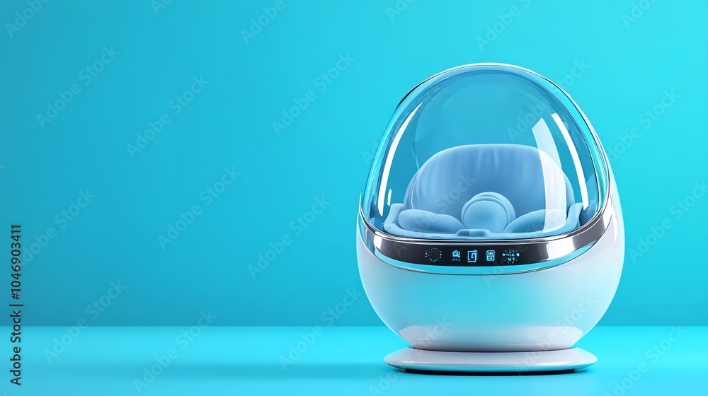 Futuristic design of a comfortable pod chair with a transparent dome, set against a vibrant blue background. Futuristic design of a comfortable pod chair with a transparent dome, set against a vibrant blue background.