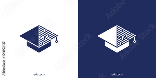 Education Tech Logo. Education Cap and Circuit Electricity with Minimalist Style. Digital Education Logo, Icon, Symbol, Vector, Design Inspiration.