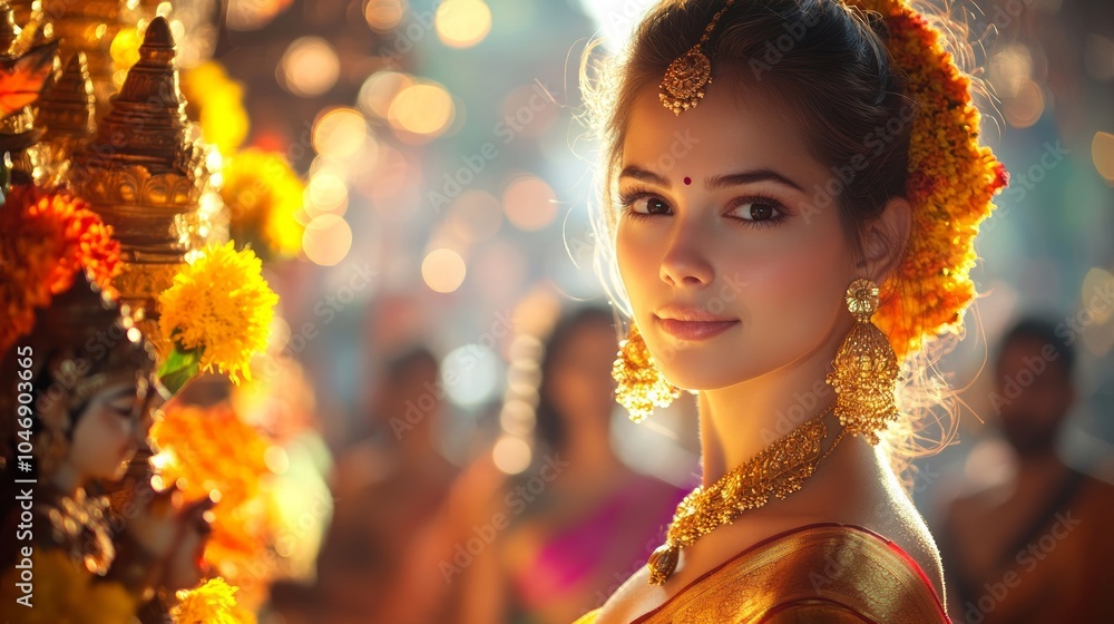 A young woman dressed in traditional attire participates in Diwali festivities, surrounded by colorful decorations and joyful celebrations A young woman dressed in traditional attire participates in Diwali festivities, surrounded by colorful decorations and joyful celebrations