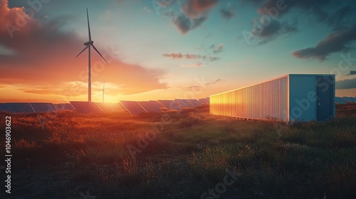 Concept of an energy storage battery system featuring wind power, wind turbines, and a lithium-ion battery container, with solar panels in the background. Panoramic view with space for text. photo