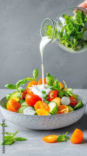 Fresh salad with vibrant vegetables and creamy dressing being poured. Perfect for healthy eating and culinary inspiration. photo