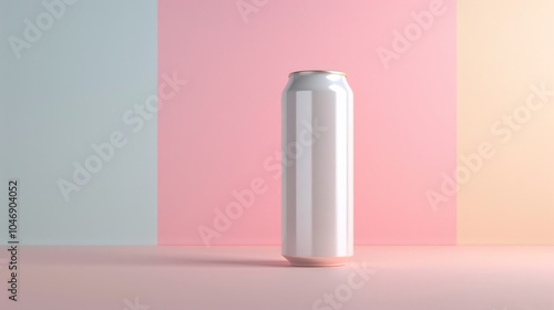 blank tall white plain soft-drink can 355ml floating, on pastel background