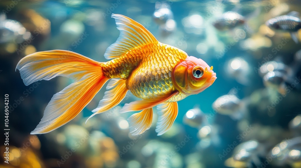 A bright goldfish swimming confidently in a tank with identical silver fish, representing the power of standing out and being different. goldfish silver fish, symbol of confidence A bright goldfish swimming confidently in a tank with identical silver fish, representing the power of standing out and being different. goldfish silver fish, symbol of confidence
