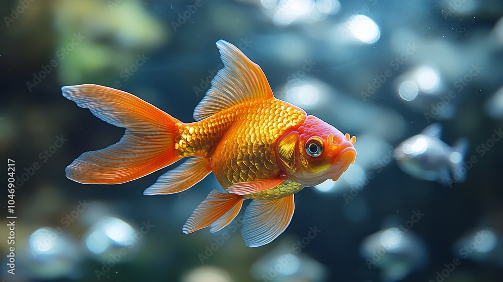 A bright goldfish swimming confidently in a tank with identical silver fish, representing the power of standing out and being different. goldfish silver fish, symbol of confidence A bright goldfish swimming confidently in a tank with identical silver fish, representing the power of standing out and being different. goldfish silver fish, symbol of confidence