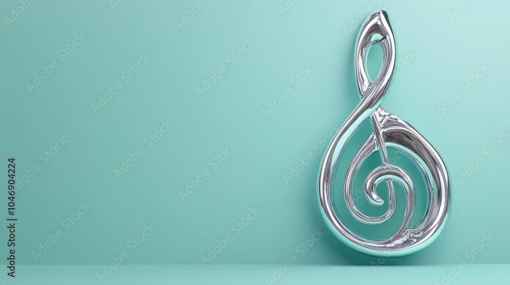 Obraz premium Shiny silver G-clef with musical notes on a sea green background, AI generated image