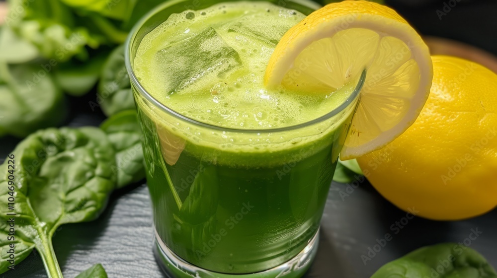 Fototapeta premium Smoothie spinach juice garnished with a lemon wedge