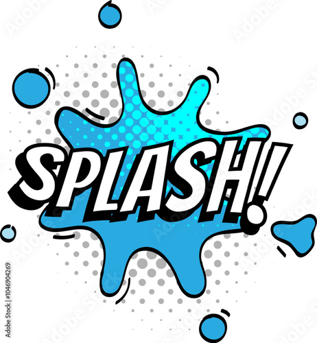 Bright blue water splash with bold white letters and exclamation point creating a dynamic comic book style effect with halftone dots