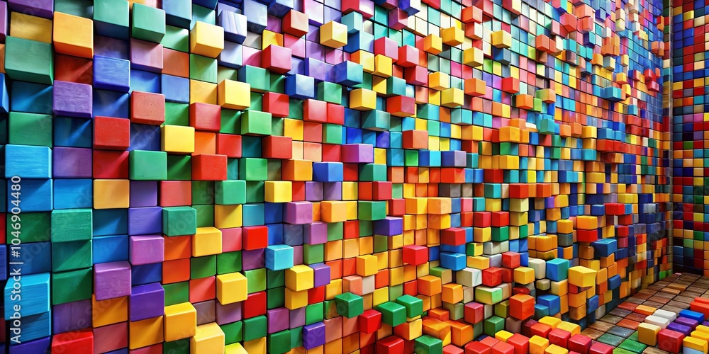 A colorful wall of stacked cubes, creating a mesmerizing mosaic of vibrant hues and playful geometry. A colorful wall of stacked cubes, creating a mesmerizing mosaic of vibrant hues and playful geometry.