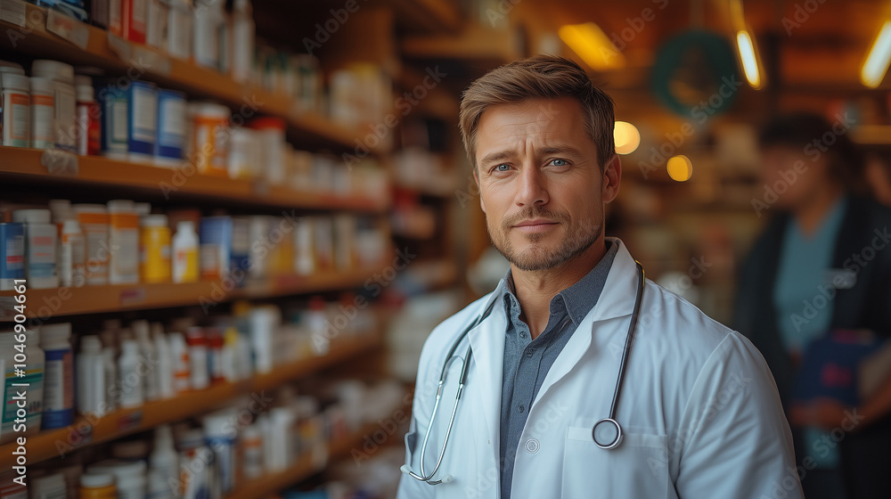 doctor holding smiling at the camera in front of medicines in a drug store doctor holding smiling at the camera in front of medicines in a drug store