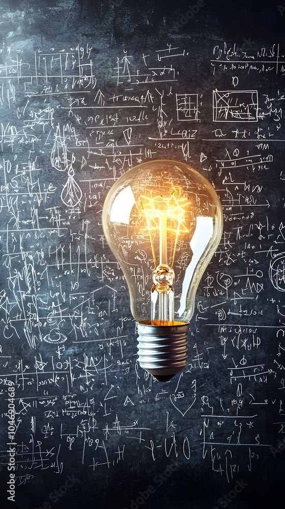 Illuminating Creativity Light Bulb Floating Over Complex Chalkboard Equations and Drawings Illuminating Creativity Light Bulb Floating Over Complex Chalkboard Equations and Drawings