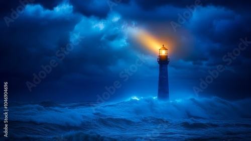 A brightly lit lighthouse on a stormy night, casting a beam of light through dark skies and rough seas, guiding ships to safety. stormy lighthouse, nautical guide