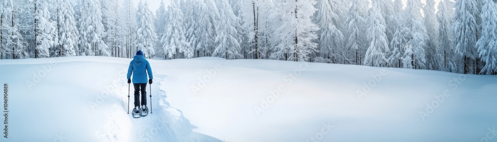 Fototapeta premium A person snowshoeing in a serene winter landscape surrounded by snow-covered trees.