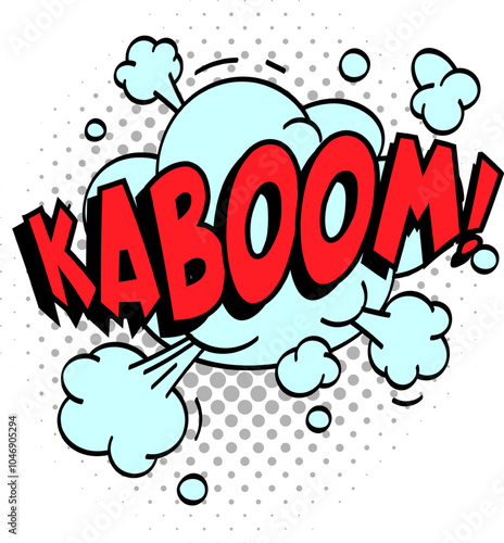 Vibrant red comic book explosion bursts with smoke clouds and halftone dots, creating a dynamic impact on a white background