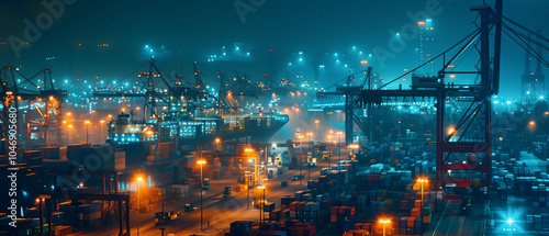 Night Operations at the Port: A dramatic nighttime scene of a ship port illuminated by bright lights, with container trucks and cranes actively engaged in loading and unloading activities.