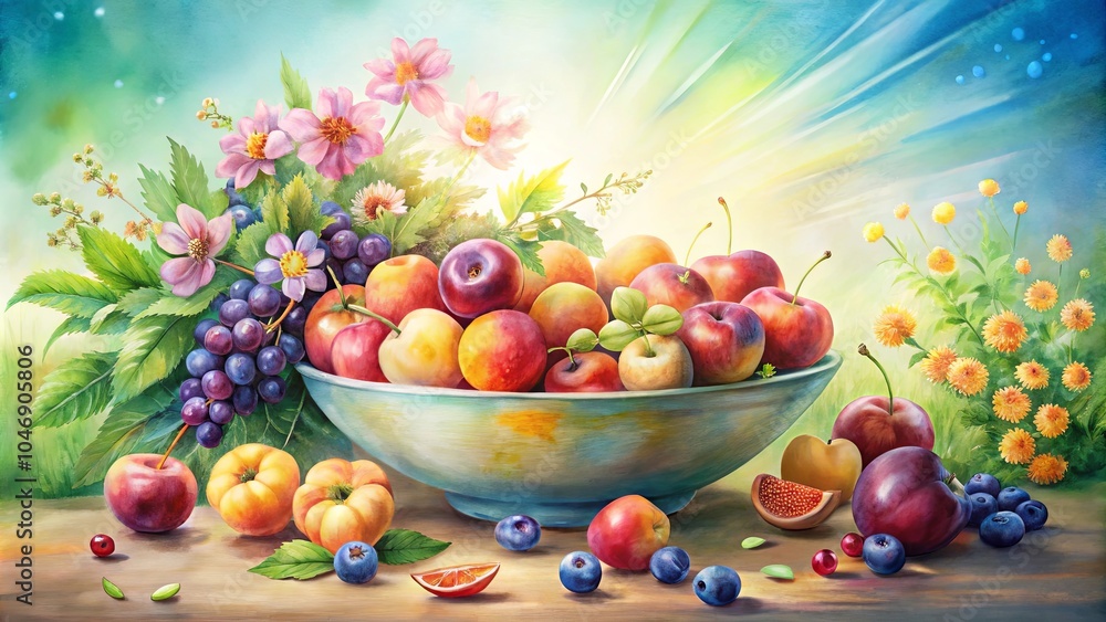 A Bowl Overflowing with Summer's Bounty, Featuring a Symphony of Colors and Textures, From Deep Purple Grapes to Sun-Kissed Peaches and Delicate Blooms A Bowl Overflowing with Summer's Bounty, Featuring a Symphony of Colors and Textures, From Deep Purple Grapes to Sun-Kissed Peaches and Delicate Blooms