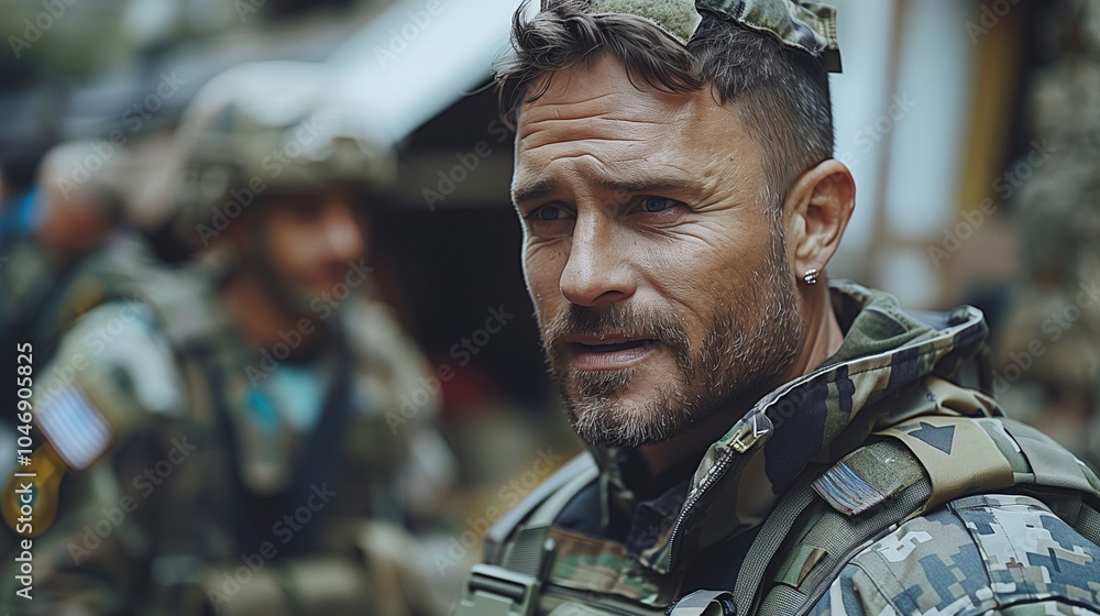 Soldier in Camouflage with Tactical Gear Outdoors Soldier in Camouflage with Tactical Gear Outdoors