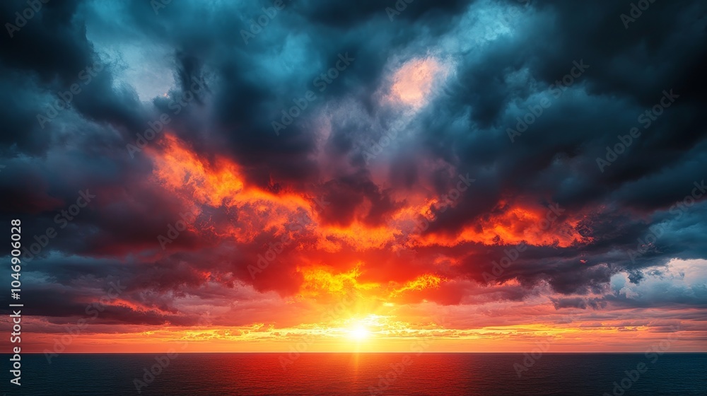 Fototapeta premium A dazzling sunrise cutting through a canopy of grey clouds, flooding the scene with vibrant colors of renewal, a bright contrast against the moody sky