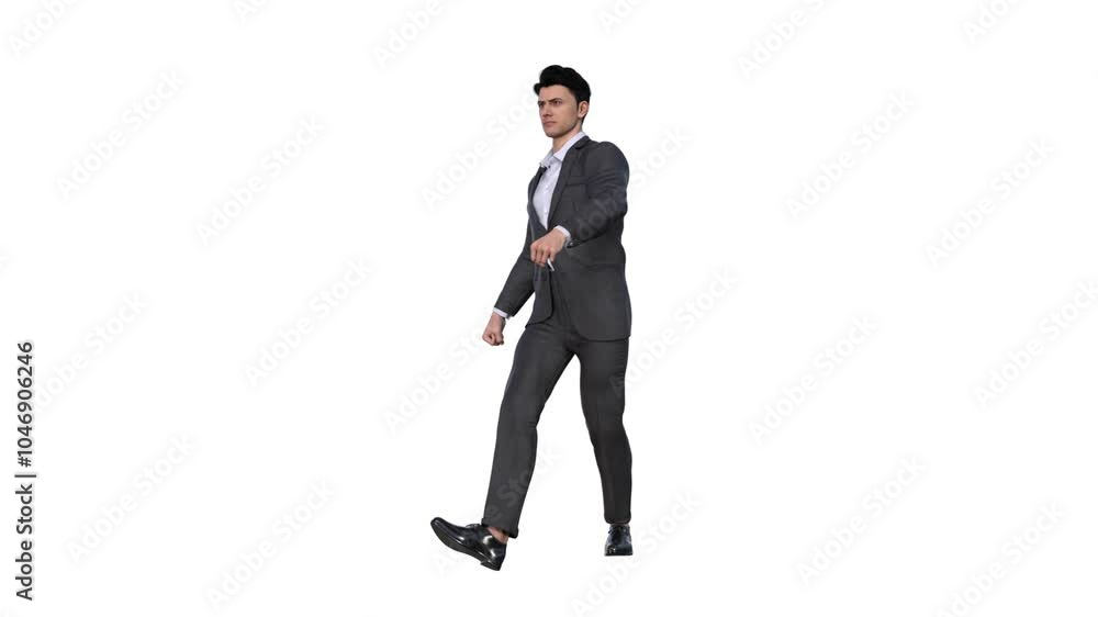 3D render : a male character is walking , strut around wearing office uniform, 45 degrees front view
3D render : a male character is walking , strut around wearing office uniform, 45 degrees front view