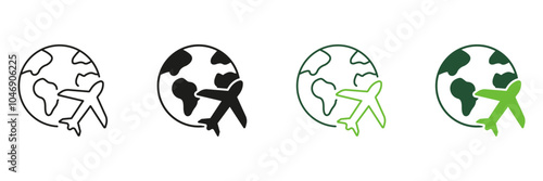 Globe with Plane Line and Silhouette Icon Set. Travel Around World Pictogram. Airplane with Planet Earth Symbol. Air Transport, Business Flight Sign. Editable Stroke. Isolated Vector Illustration